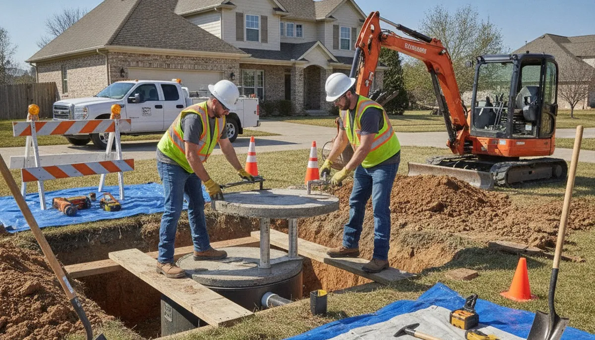 Septic repair technician servicing a Warwick, RI home for slow drains and aging system issues